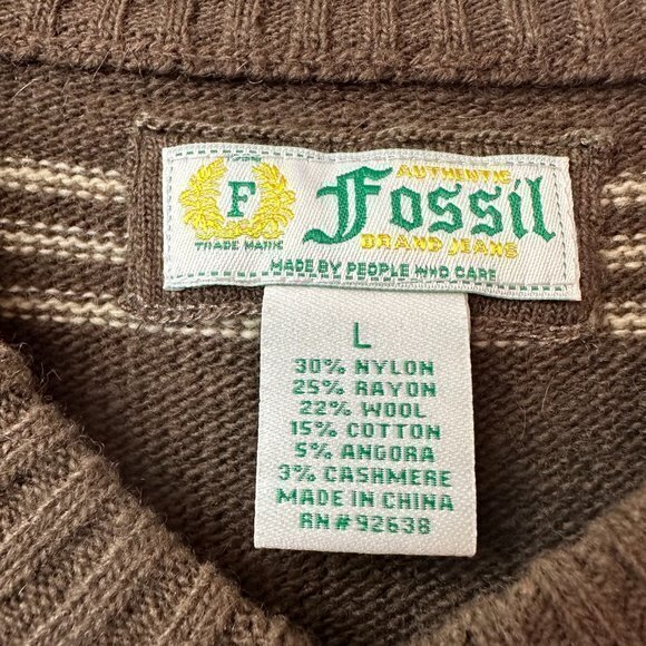 Fossil sweater Men L Brown tan stripe Cashmere Wool Angora blend v neck‎ - Picture 5 of 8